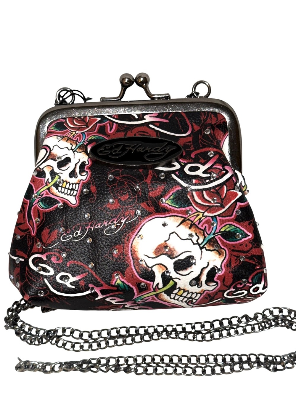 Ed Hardy Black Pink Skull & Rose Kiss-Lock X-body Bag